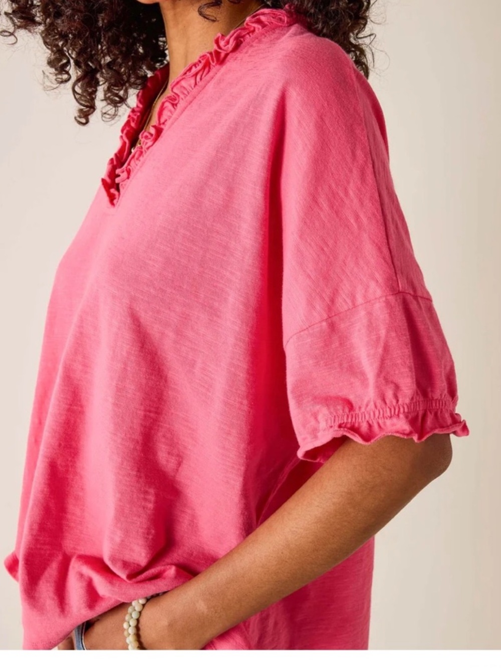 Mersea Amelia Ruffle T Shirt V Neck Oversized Casual Top One Size Raspberry - Picture 10 of 10